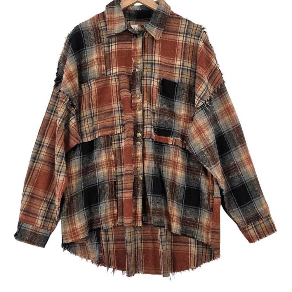 Oli & Hali Womens S/M Mineral‎ Washed Mixed Plaid Raw Hem Long Sleeve Shacket